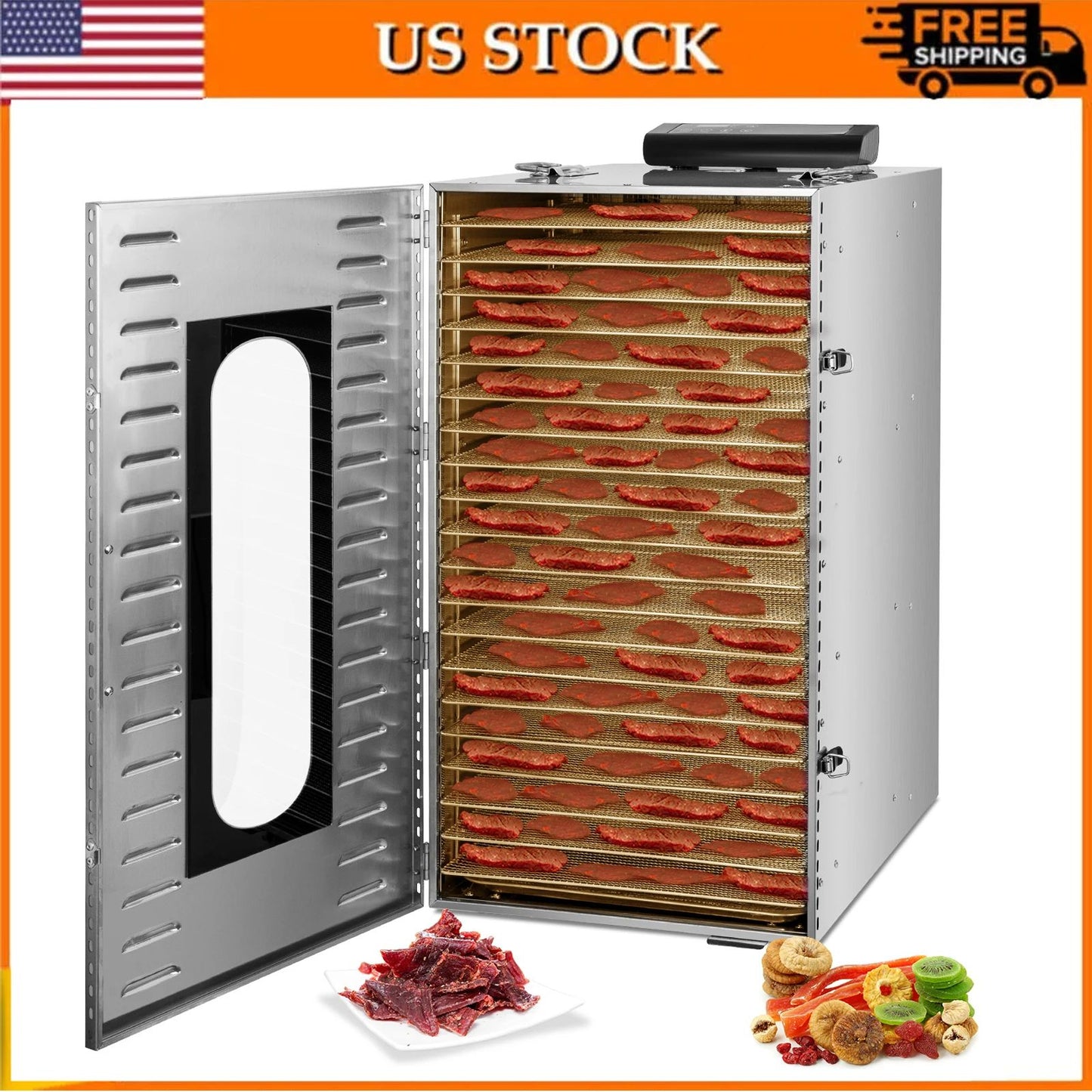 Stainless Steel Food Dehydrator, Commercial Dehydrators Dryer for Fruit, Meat, Jerky, Herbs, Adjustable Timer, Large
