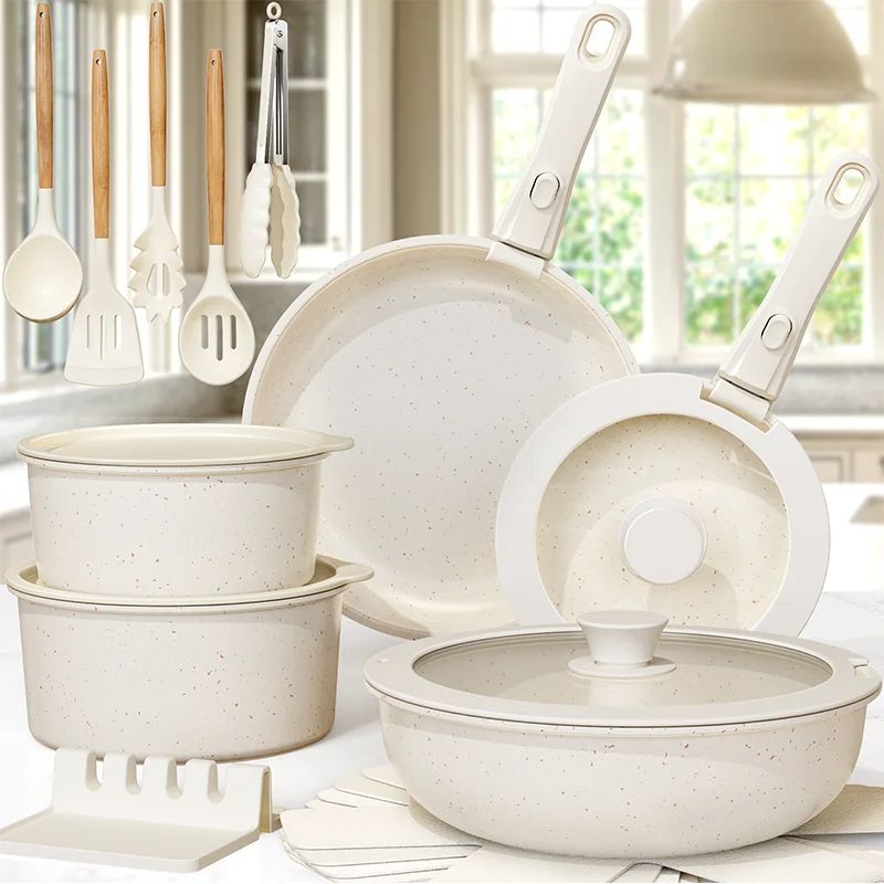 Pots and Pans Set Non-Stick, Astercook Ceramic Cookware Set with Sensor Handles, Milky White, Complete Non-Stick Set