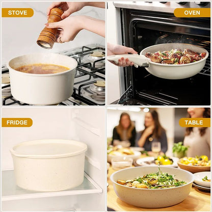 Pots And Pans Set NonStick Astercook Ceramic Cookware Set With Sensor Handles Milky White Complete  3