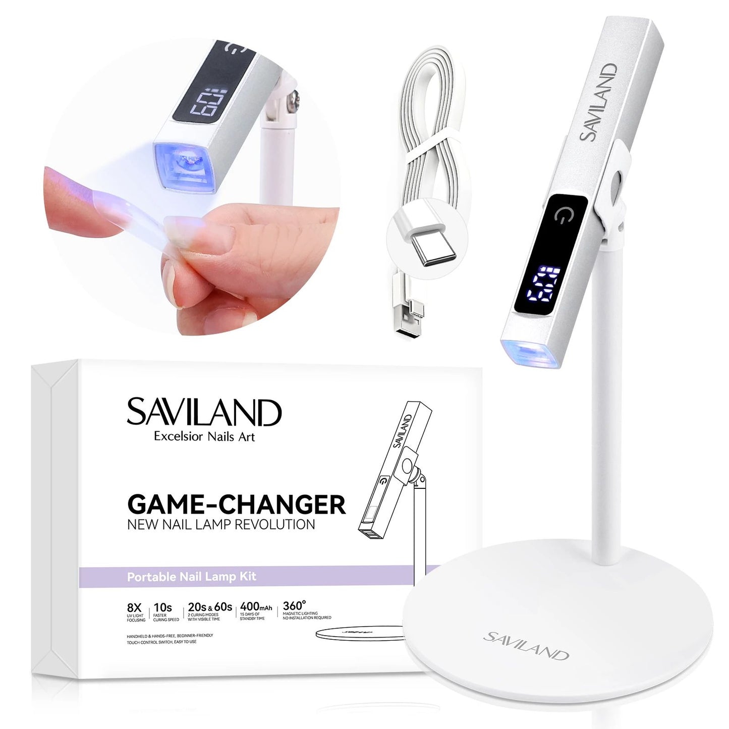 Portable SAVILAND Rechargeable UV LED Nail Lamp, Magnetic Stand, LCD Timer Modes, Fast Gel Nail Dryer, Mini Nail Curing