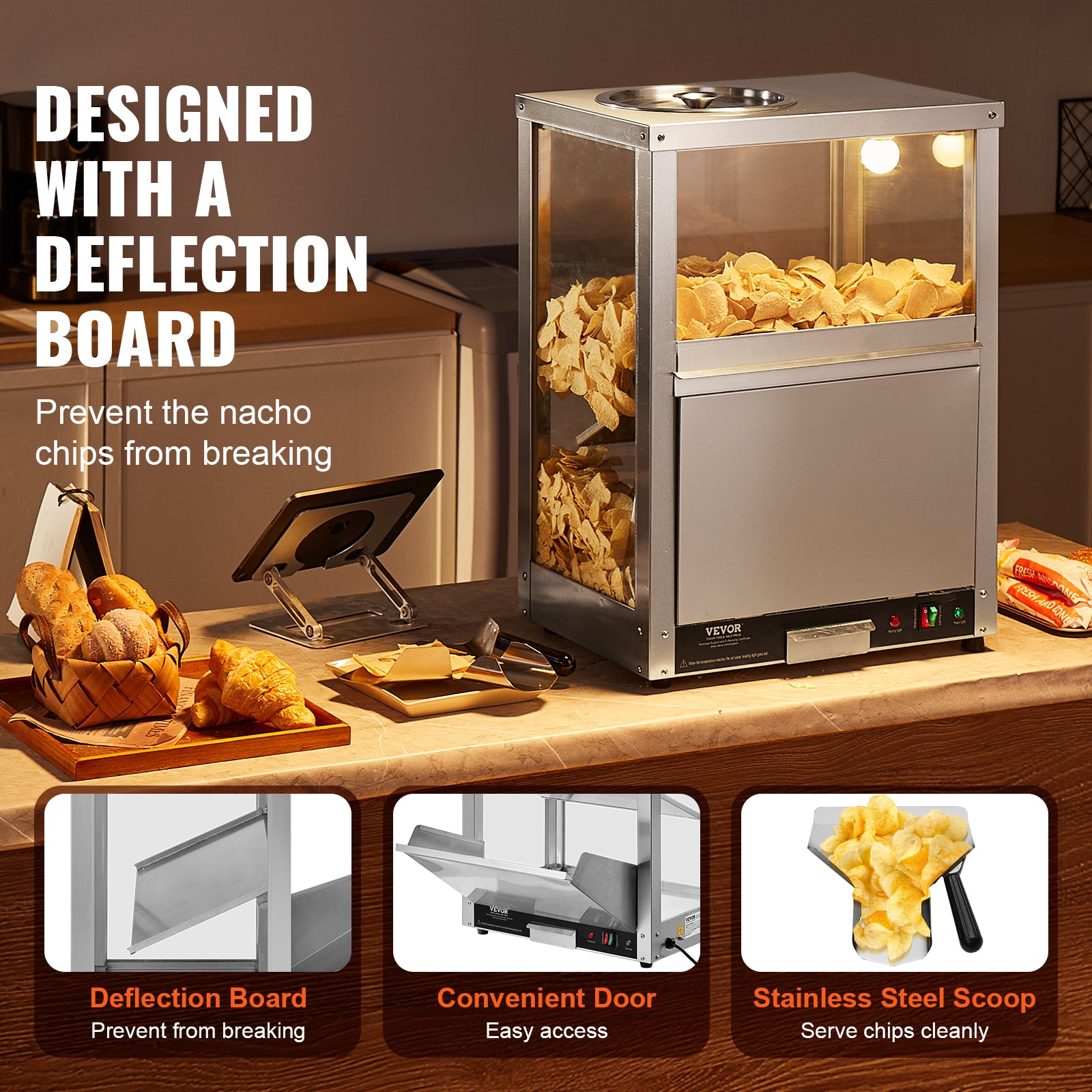 Commercial Nacho Chip Warmer, 84.5QT Nacho Machine with Deflection Board for Popcorn, Potato Chips & More