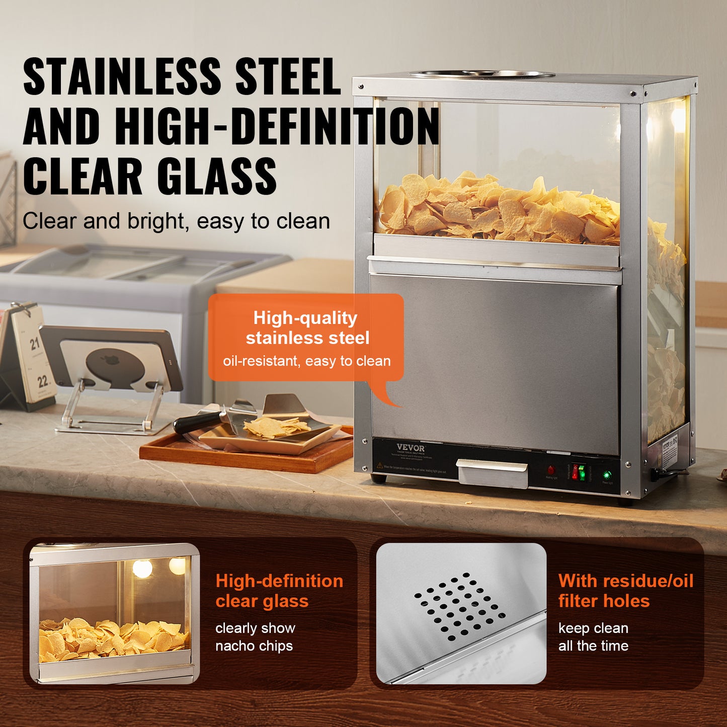 Commercial Nacho Chip Warmer, 84.5QT Nacho Machine with Deflection Board for Popcorn, Potato Chips & More