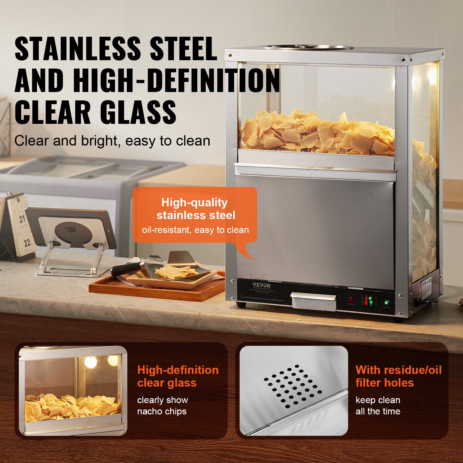 Commercial Nacho Chip Warmer, 84.5QT Nacho Machine with Deflection Board for Popcorn, Potato Chips & More