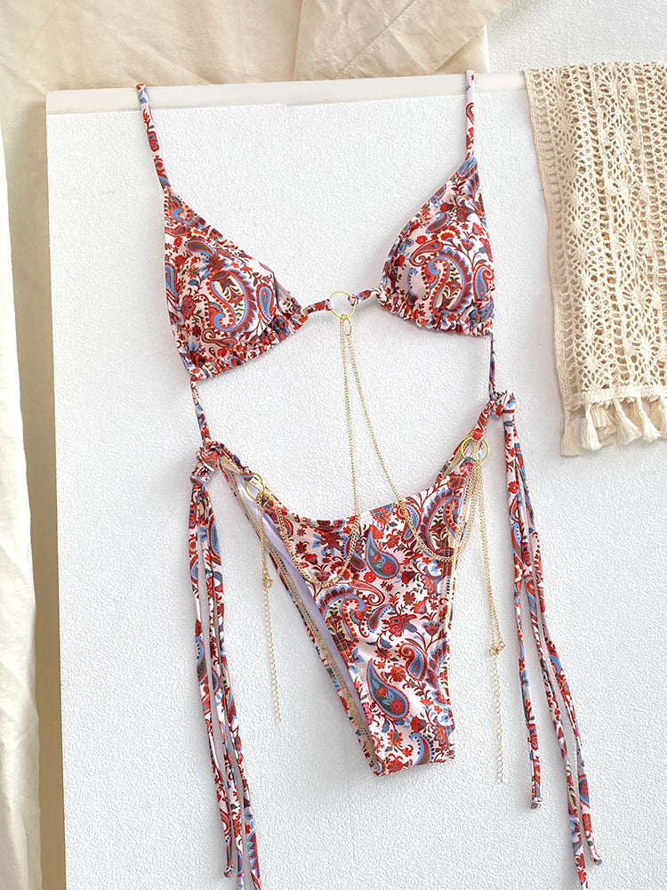 Sexy Triangle Chains Bikini Set with Micro Thongs, Bandage-Style Swimwear for Women Beachwear Print Thong Bikini