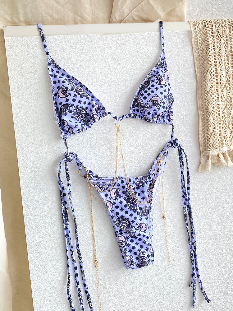Sexy Triangle Chains Bikini Set With Micro Thongs BandageStyle Swimwear For Women Beachwear Print T 1