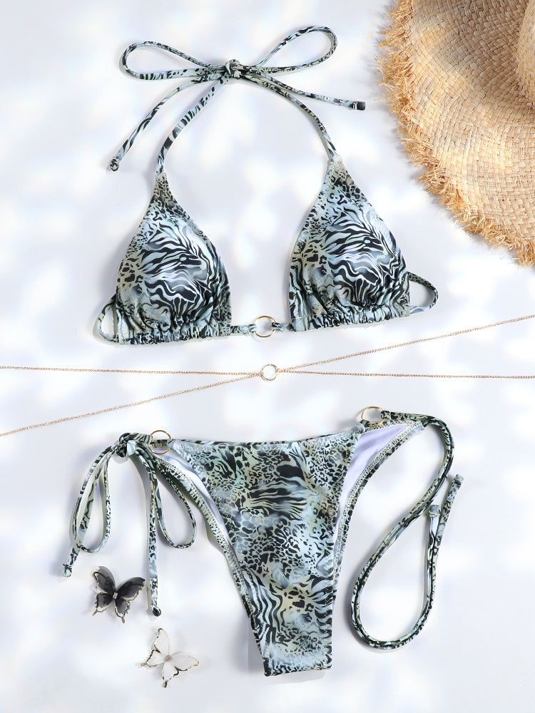 Sexy Triangle Chains Bikini Set With Micro Thongs BandageStyle Swimwear For Women Beachwear Print T 3