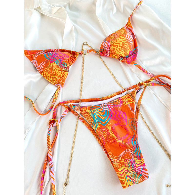 Sexy Triangle Chains Bikini Set With Micro Thongs BandageStyle Swimwear For Women Beachwear Print T 5