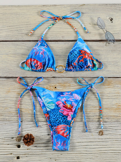 Sexy Triangle Chains Bikini Set With Micro Thongs BandageStyle Swimwear For Women Beachwear Print T 11