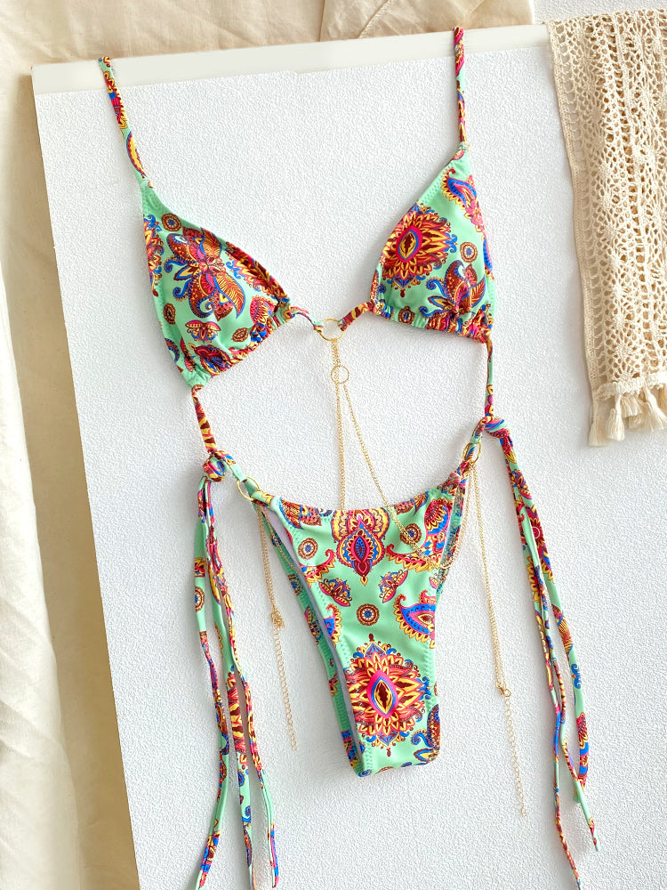 Sexy Triangle Chains Bikini Set With Micro Thongs BandageStyle Swimwear For Women Beachwear Print T 14