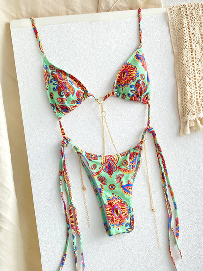 Sexy Triangle Chains Bikini Set With Micro Thongs BandageStyle Swimwear For Women Beachwear Print T 14