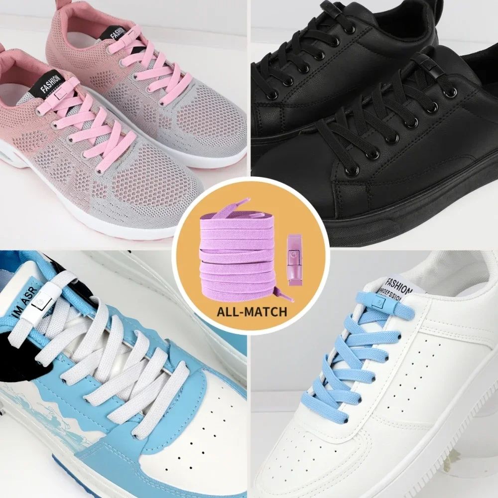 2Pairs Tie Shoe Laces Elastic Laces With Press Lock Widened Flat Shoelaces For Sneakers Kids  Adult 4