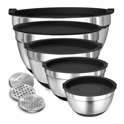 8pcs Mixing Bowls with Airtight Lids Stainless Steel Mixing Bowl Set with Non-Slip Bottoms, Black Bowls for Baking