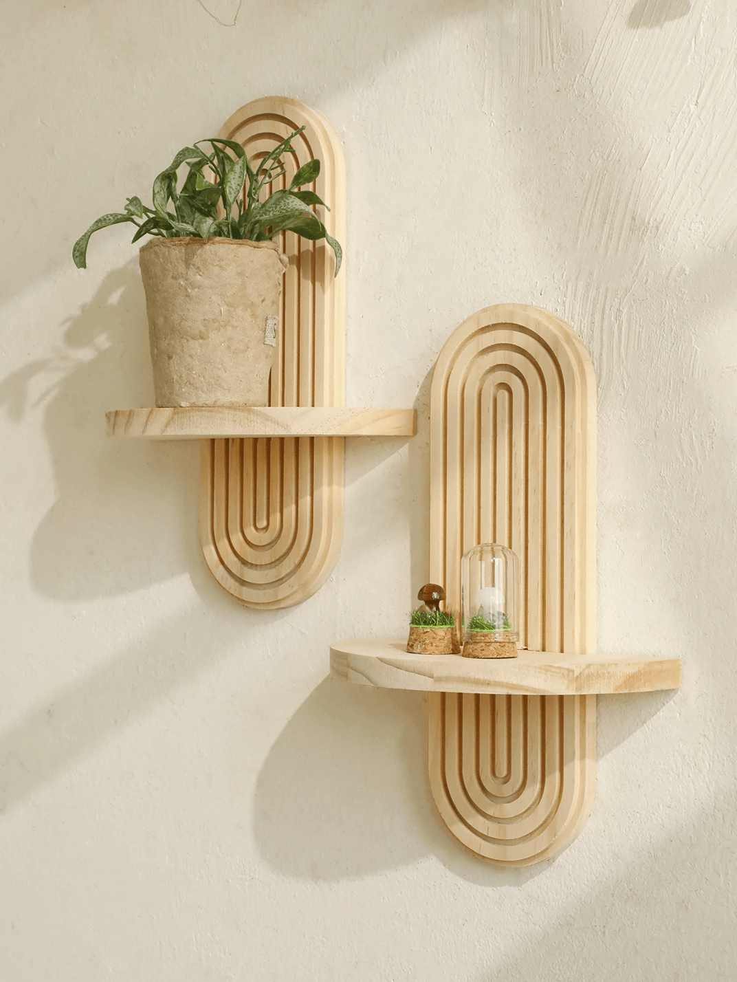 Boho Geometric Wooden Wall Shelf – Natural Wood Modern Wall Decor for Plants and Accents
