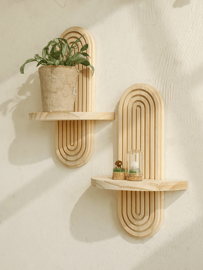 Boho Geometric Wooden Wall Shelf – Natural Wood Modern Wall Decor for Plants and Accents