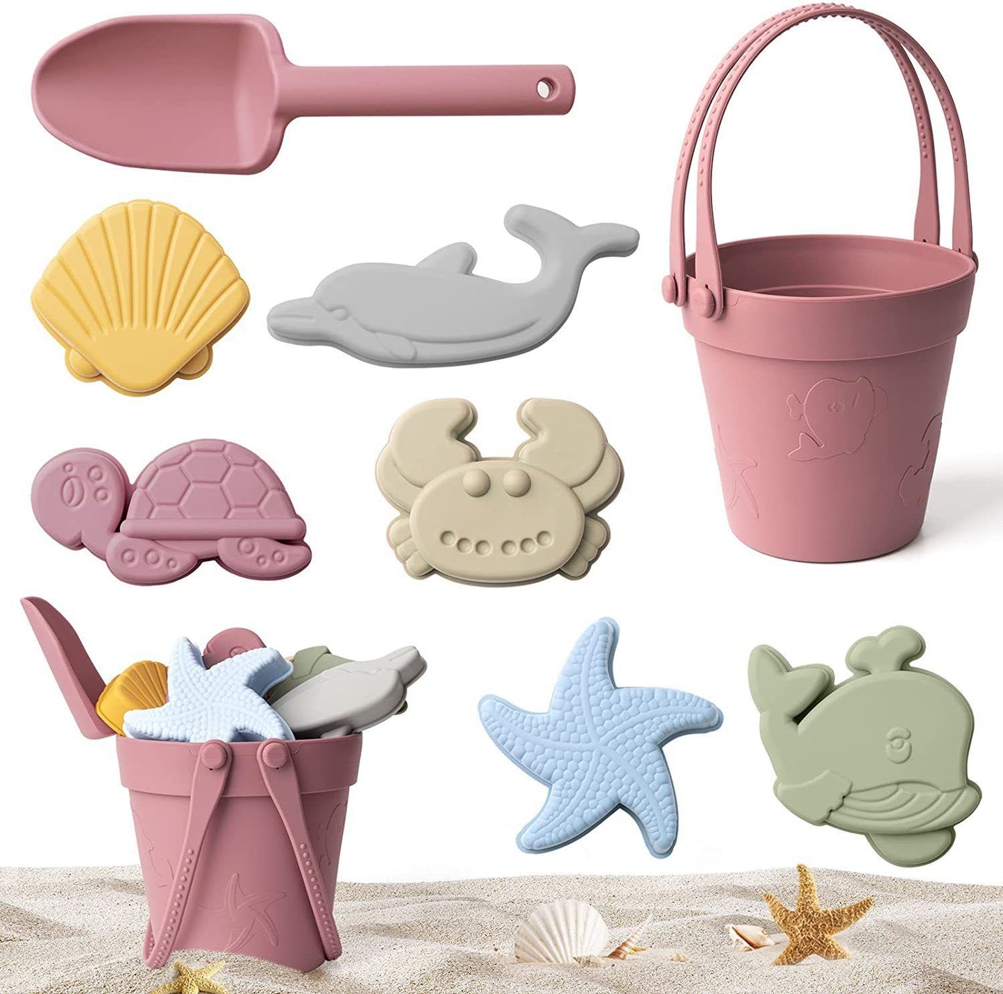 Silicone Kids Beach Toy Set  Durable Sand Bucket And Shovel For Outdoor Play And Travel 6