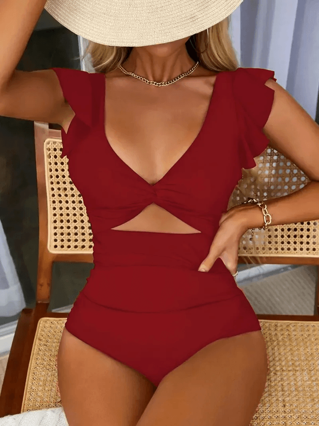 Contrast Mesh One Piece Swimsuit – V Neck Tummy Control Backless Swimwear for Women