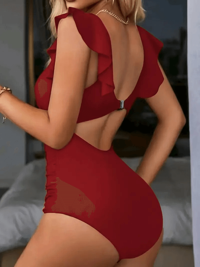 Contrast Mesh One Piece Swimsuit  V Neck Tummy Control Backless Swimwear For Women 4