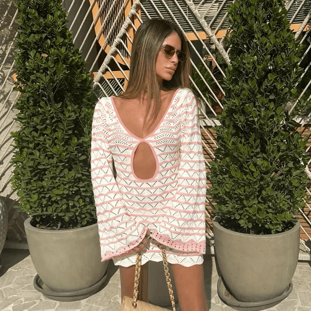 Boho Knit Cut Out Mini Beach Dress  Striped V Neck Summer Swimsuit Cover Up 1