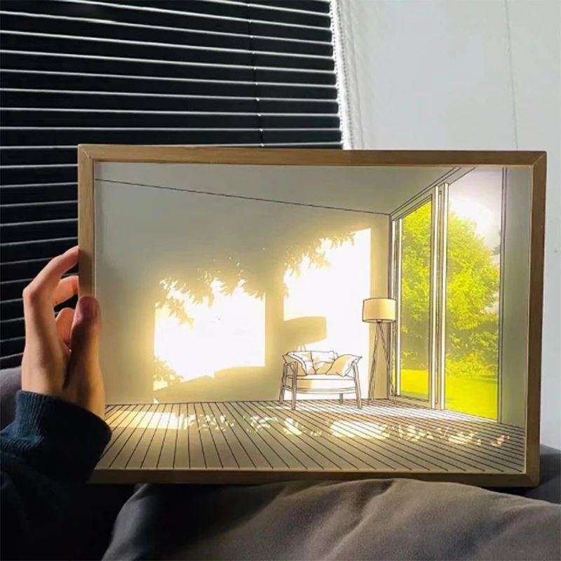 Decorative LED Light Painting USB Plug Dimmable Wall Artwork & Table Lamp, Wooden Photo Night Gift