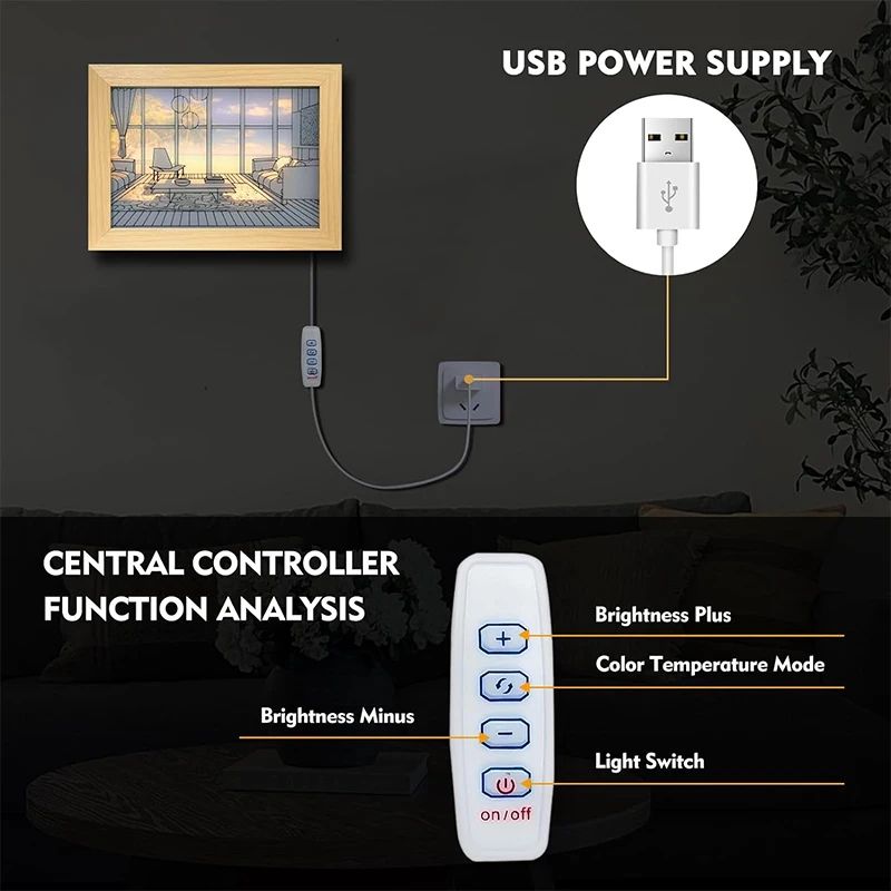 Decorative LED Light Painting USB Plug Dimmable Wall Artwork  Table Lamp Wooden Photo Night Gift 2