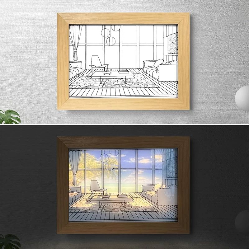Decorative LED Light Painting USB Plug Dimmable Wall Artwork  Table Lamp Wooden Photo Night Gift 3