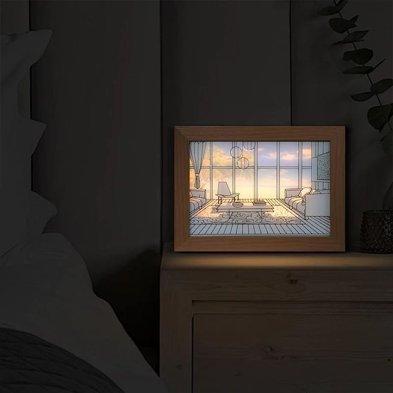 Decorative LED Light Painting USB Plug Dimmable Wall Artwork  Table Lamp Wooden Photo Night Gift 4
