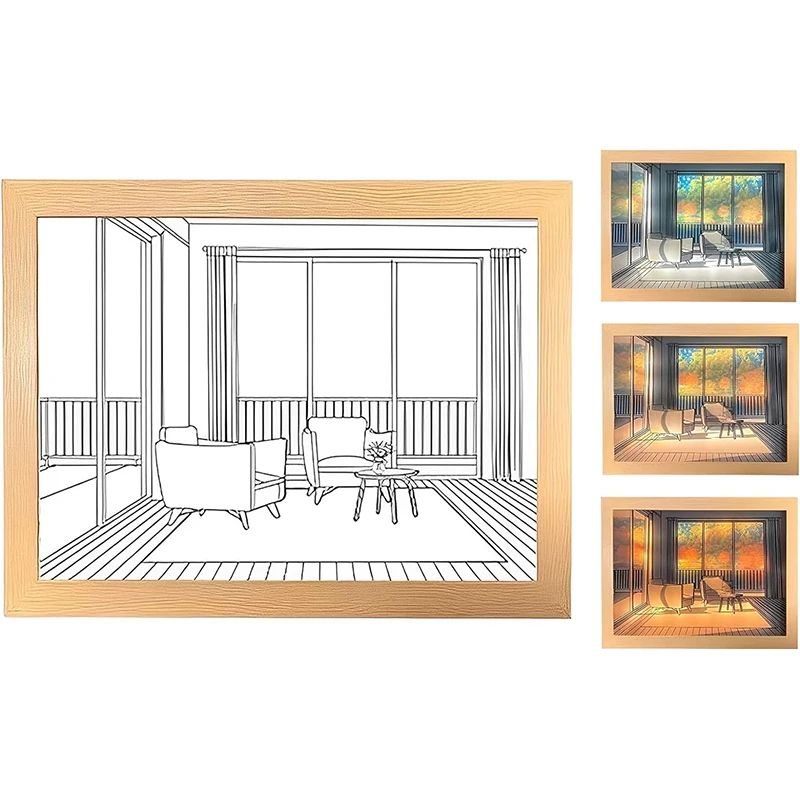 Decorative LED Light Painting USB Plug Dimmable Wall Artwork  Table Lamp Wooden Photo Night Gift 6