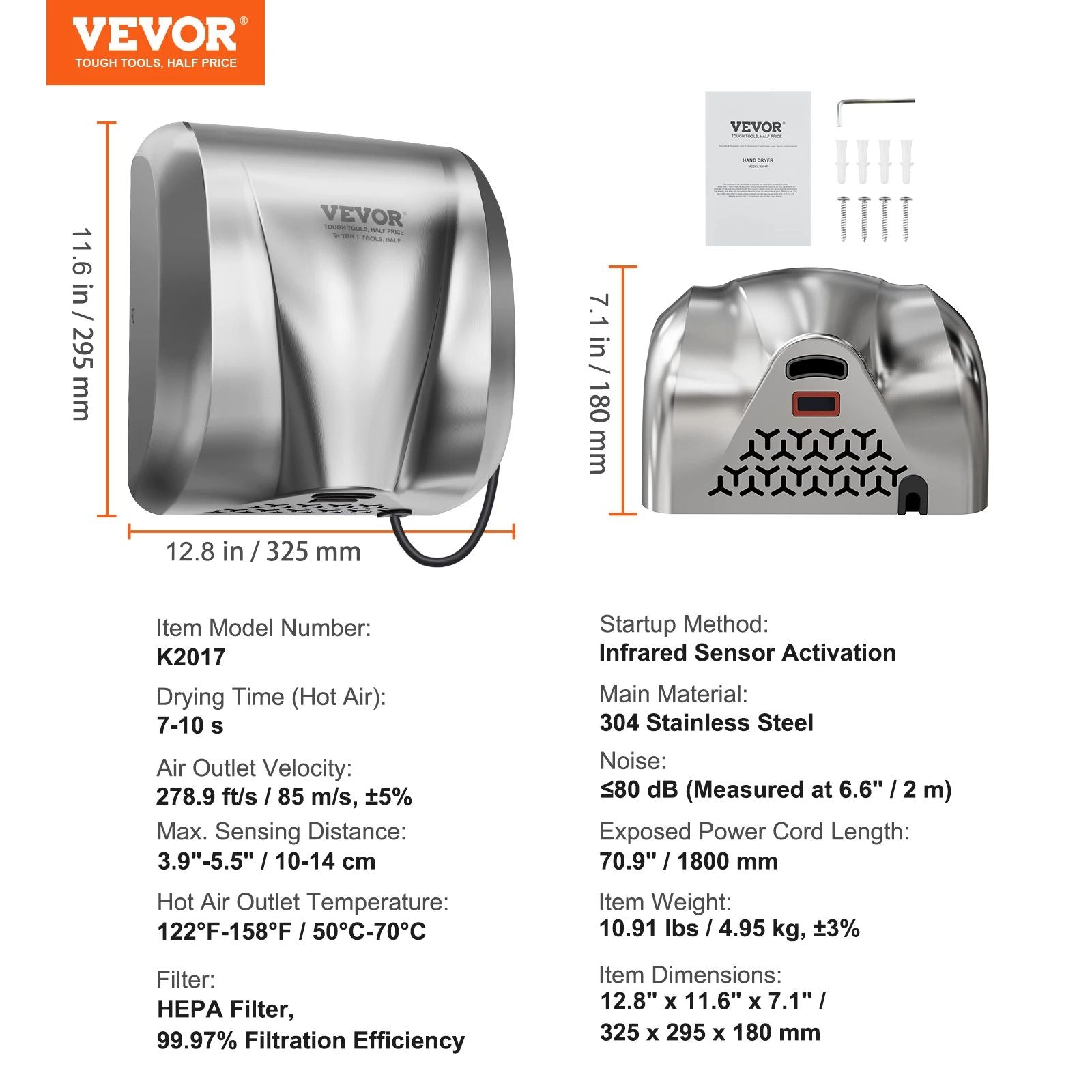 Heavy Duty Commercial Hand Dryer 1400W Automatic HighSpeed Warm Cold Air Hand Blower With BuiltIn F 7