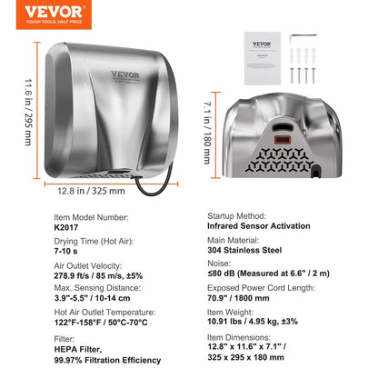 Heavy Duty Commercial Hand Dryer 1400W Automatic HighSpeed Warm Cold Air Hand Blower With BuiltIn F 7