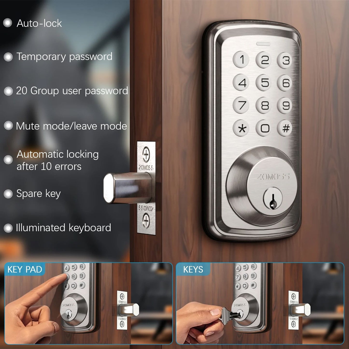 ZOMOSS Smart Keypad Door Lock, Digital Code Keyless Entry with Anti-Peeking Password, Auto Lock, Easy Installation