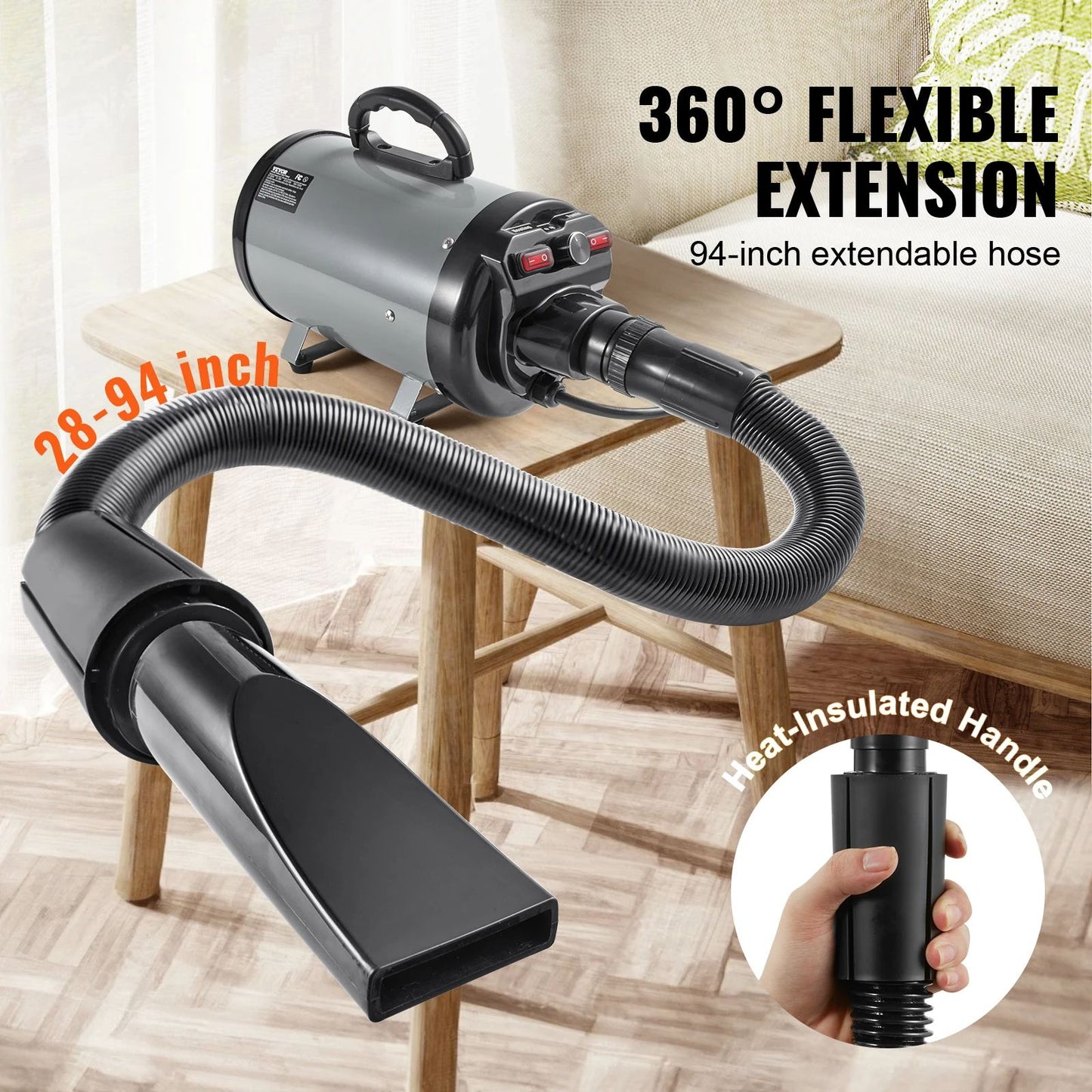 Dog Blow Dryer Adjustable Speed Dual Temperature Control 4 Nozzles Extendable Hose For Pet Hair Gro 4