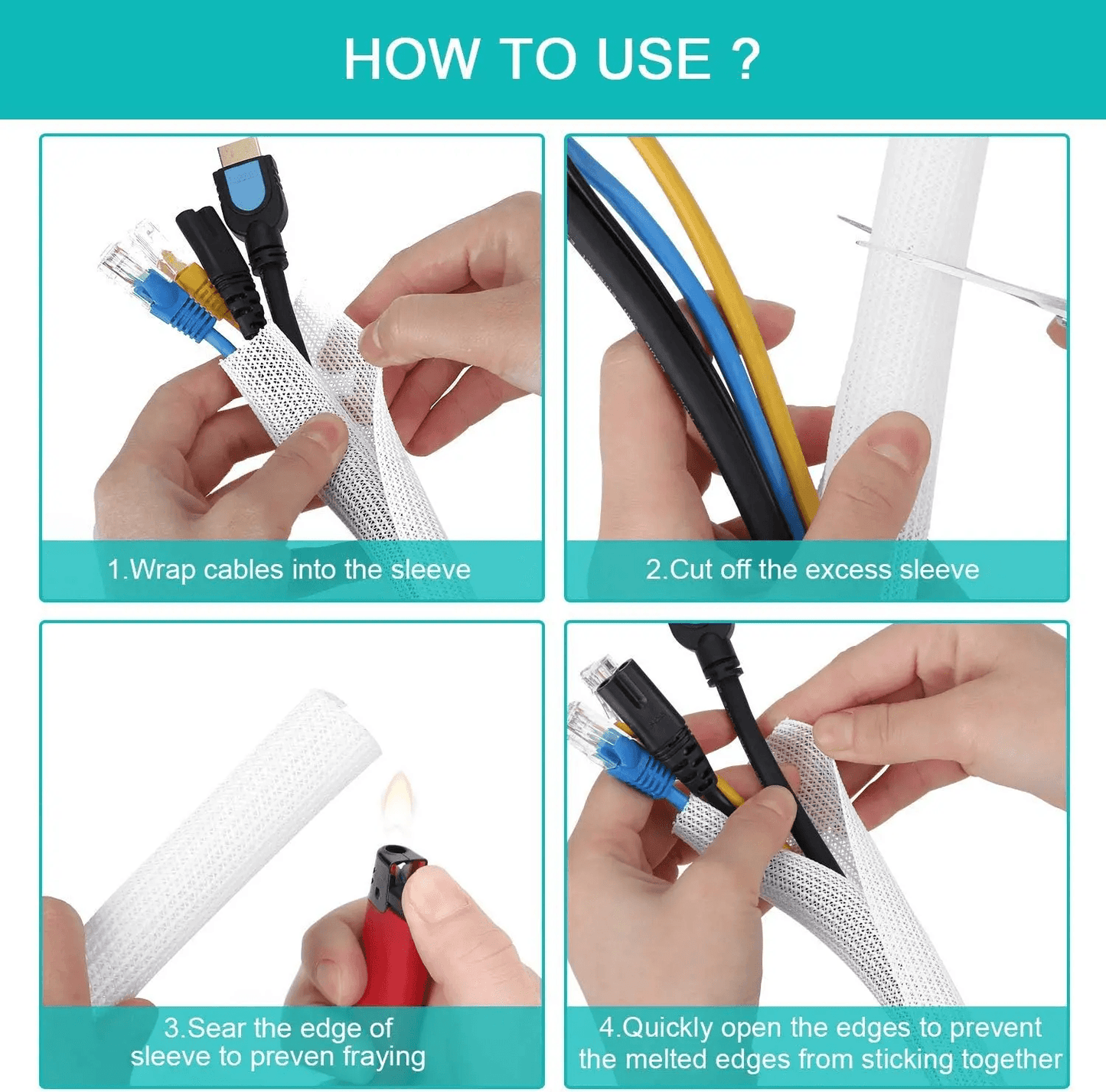 White Cable Organizer Sleeve For Desk PC TV Computer Wire Protector  Cable Wrap Cover 4