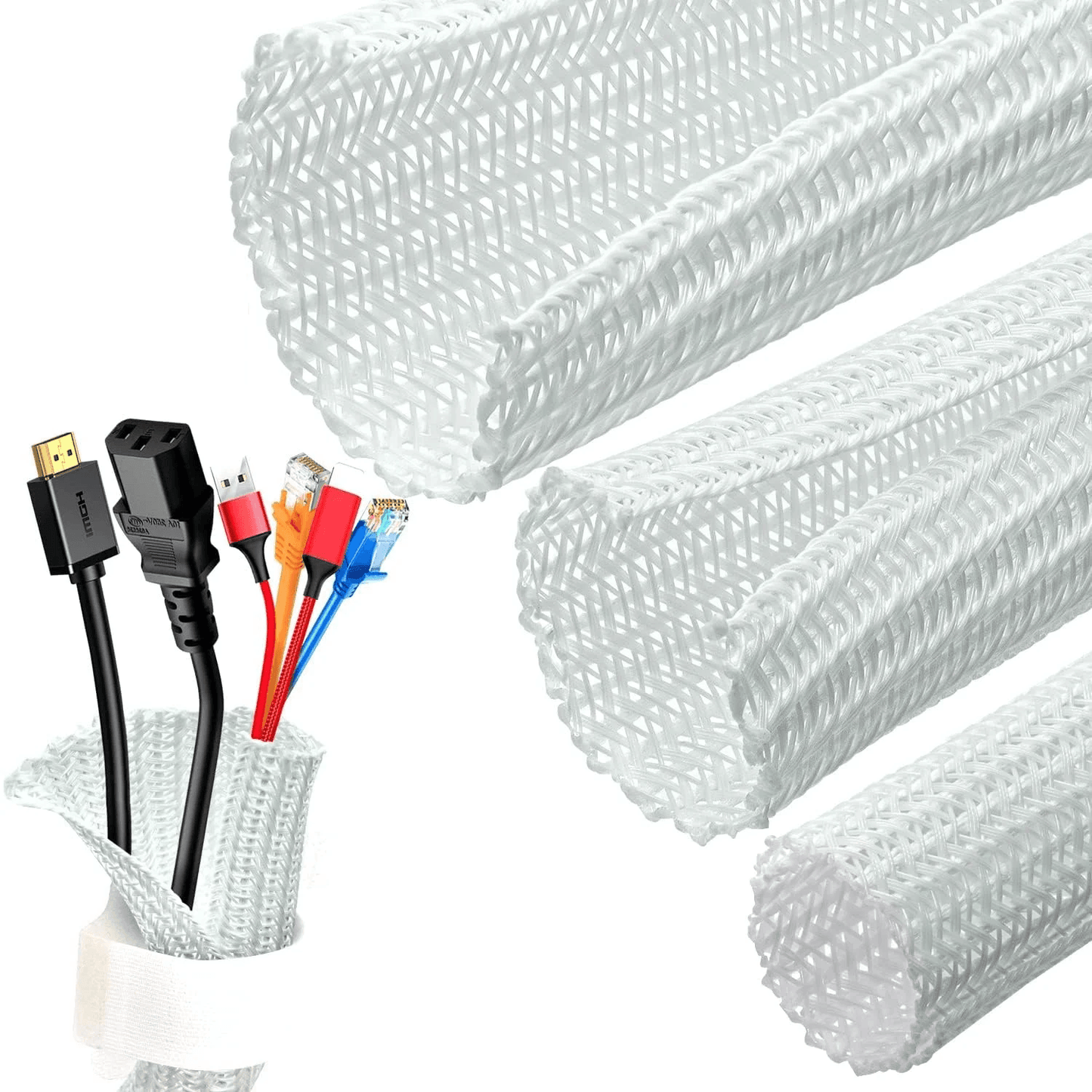 White Cable Organizer Sleeve for Desk PC, TV Computer, Wire Protector & Cable Wrap Cover