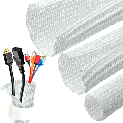 White Cable Organizer Sleeve for Desk PC, TV Computer, Wire Protector & Cable Wrap Cover