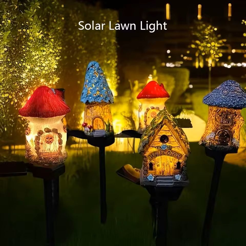 Solar Resin Mushroom House Light for Garden and Lawn Decoration