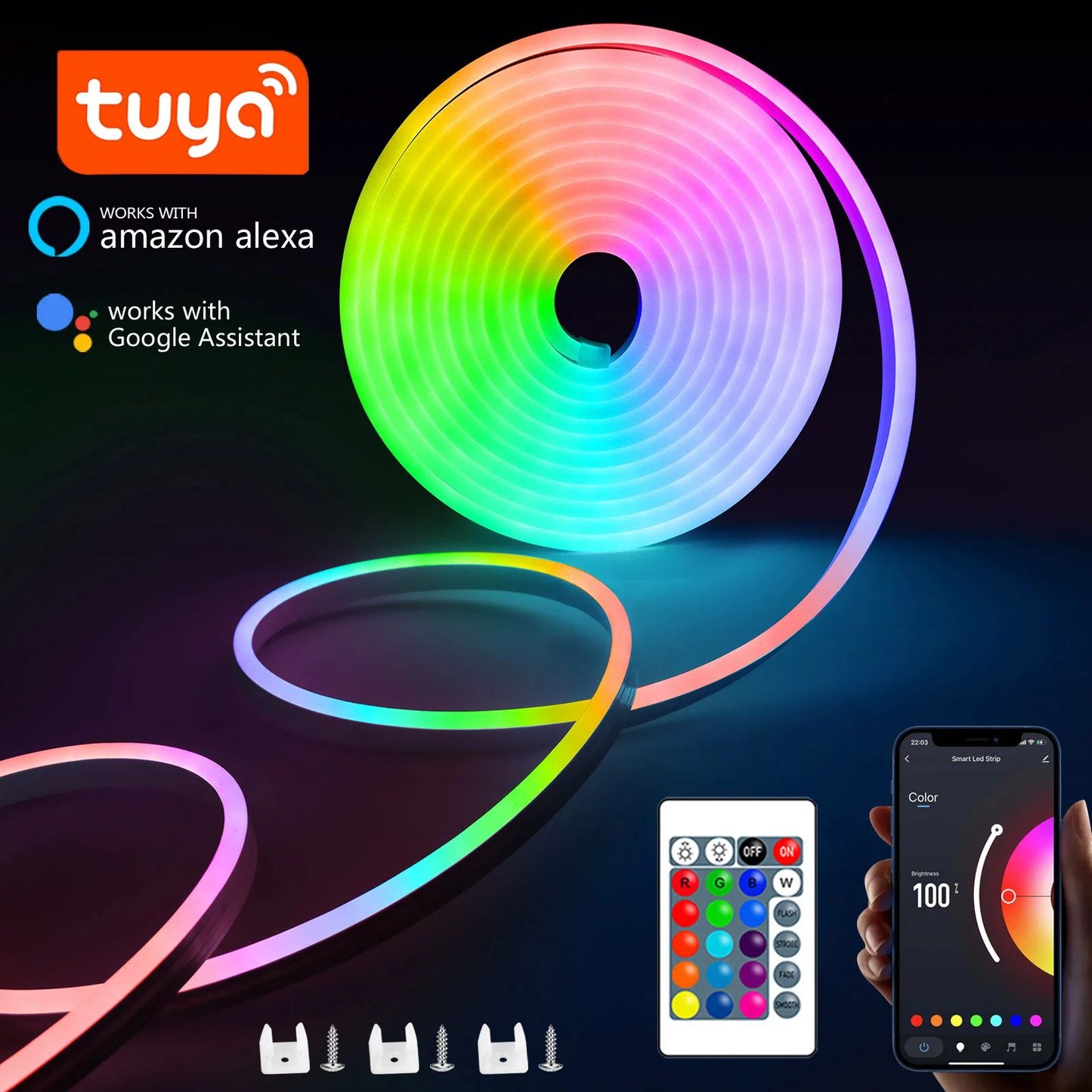 Flexible RGB Neon LED Strip, IP65 Waterproof, USB DIY Neon Ribbon with Tuya Smart Life App & Voice Control for H