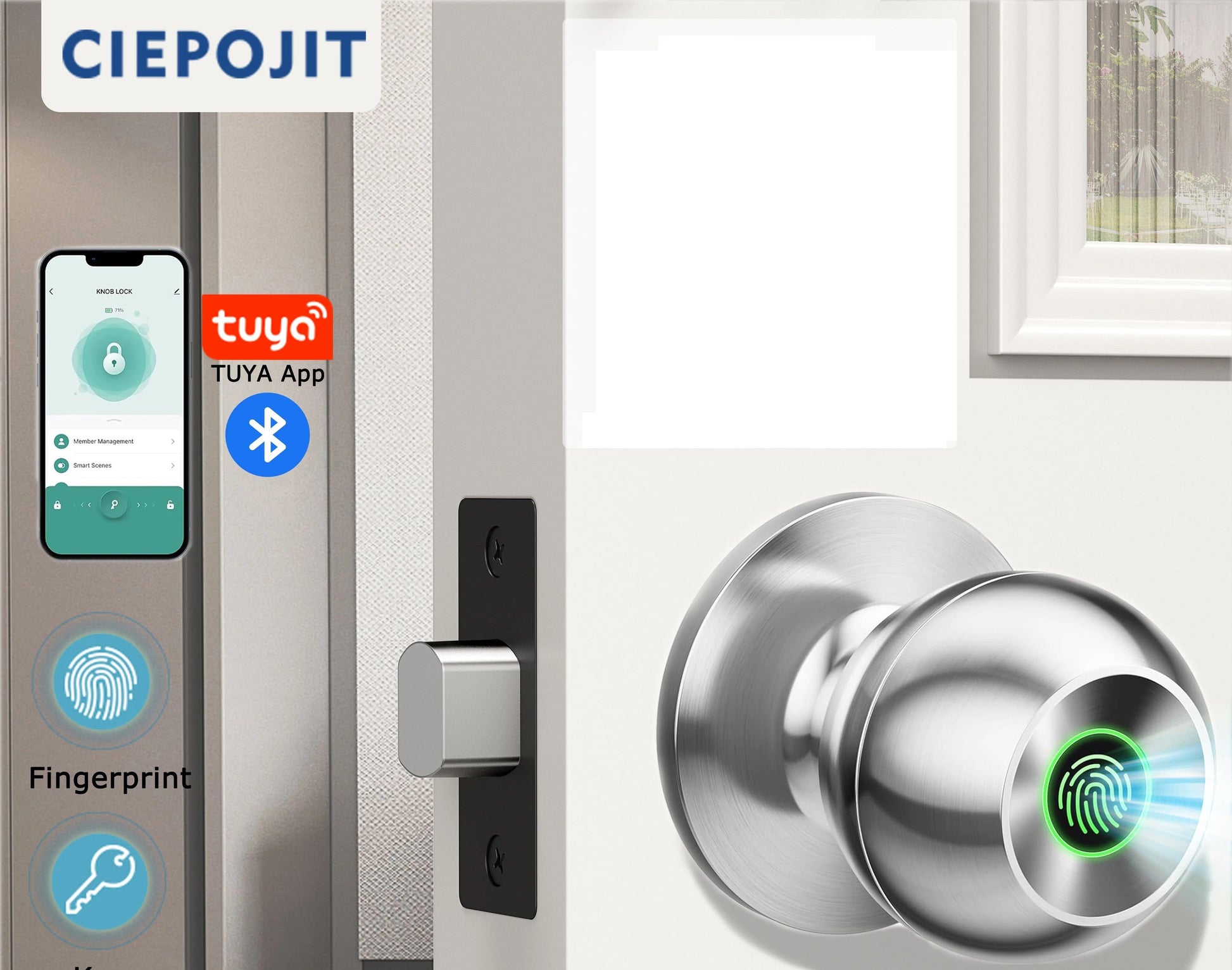 CIEPOJIET Bluetooth Smart Lock, Tuya Fingerprint Door Lock with Keyless Entry, Secure Tuya App & Key Control, Smart Lock