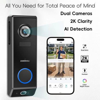 Dual Lens Video Doorbell Wireless/Battery Wired Power, 2K Resolution, 2-Way Audio, Voice Changer, AI Human Dectection