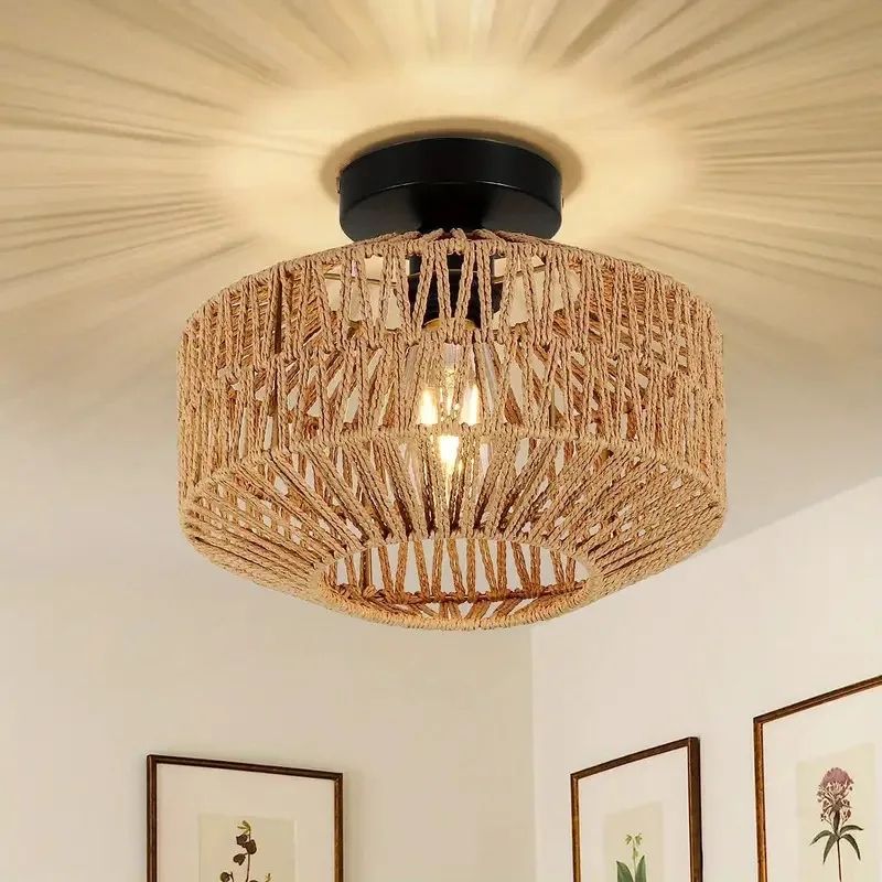 Ceiling Lights Rattan Chandelier Light Fixture, Hand Woven Flush Mount Boho Pendant for Bedroom, Kitchen, Living Room