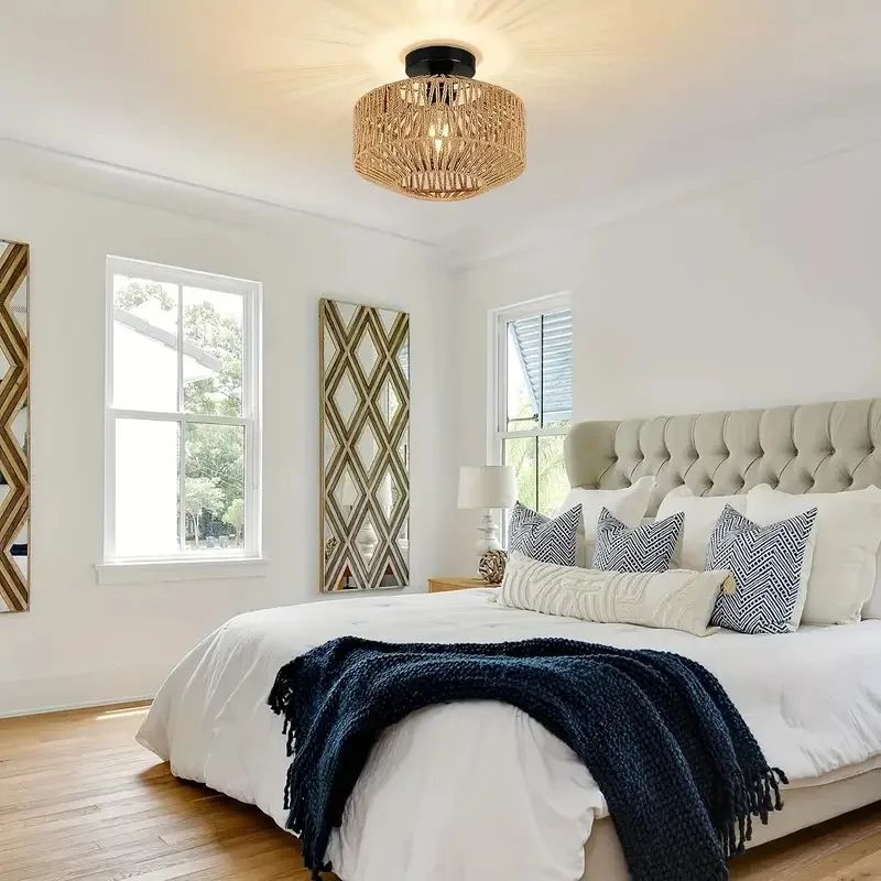 Ceiling Lights Rattan Chandelier Light Fixture Hand Woven Flush Mount Boho Pendant For Bedroom Kitc 1