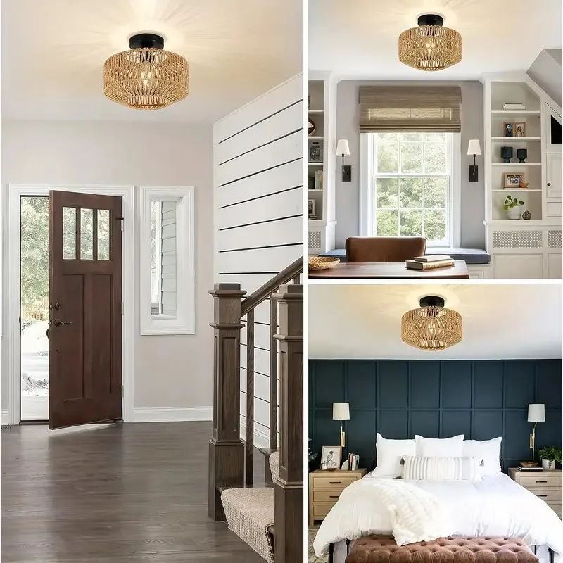 Ceiling Lights Rattan Chandelier Light Fixture Hand Woven Flush Mount Boho Pendant For Bedroom Kitc 2