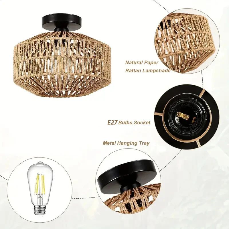 Ceiling Lights Rattan Chandelier Light Fixture Hand Woven Flush Mount Boho Pendant For Bedroom Kitc 4