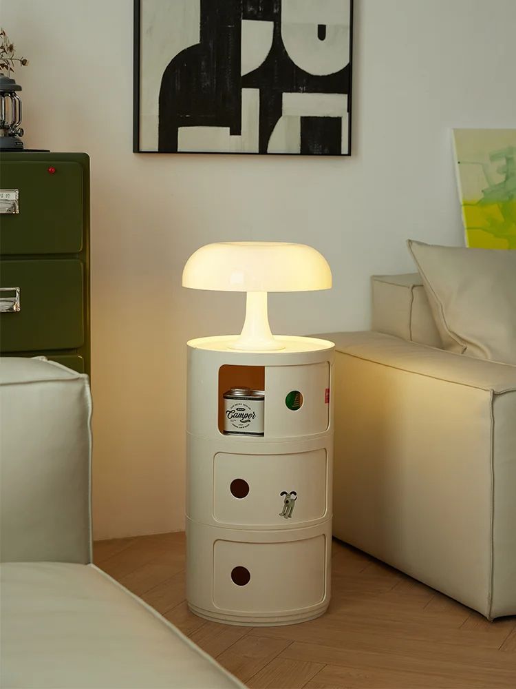 Round Bedside Table Nordic Plastic Nightstand, Small Side End Table Storage Cabinet for Bedroom, Living Room or Dorm Use