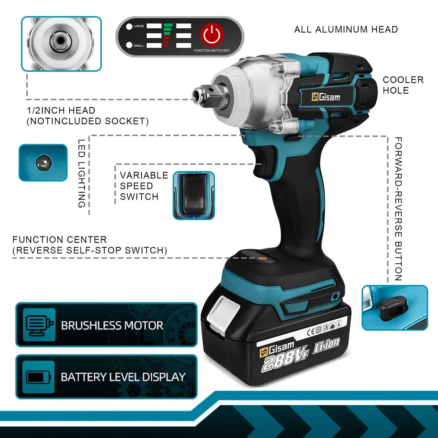 Professional 520NM Brushless Impact Wrench12Drive Cordless Power Tool For Makita 18V Batteries Not  2