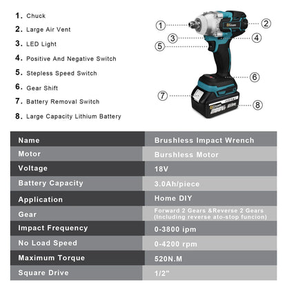 Professional 520NM Brushless Impact Wrench12Drive Cordless Power Tool For Makita 18V Batteries Not  3