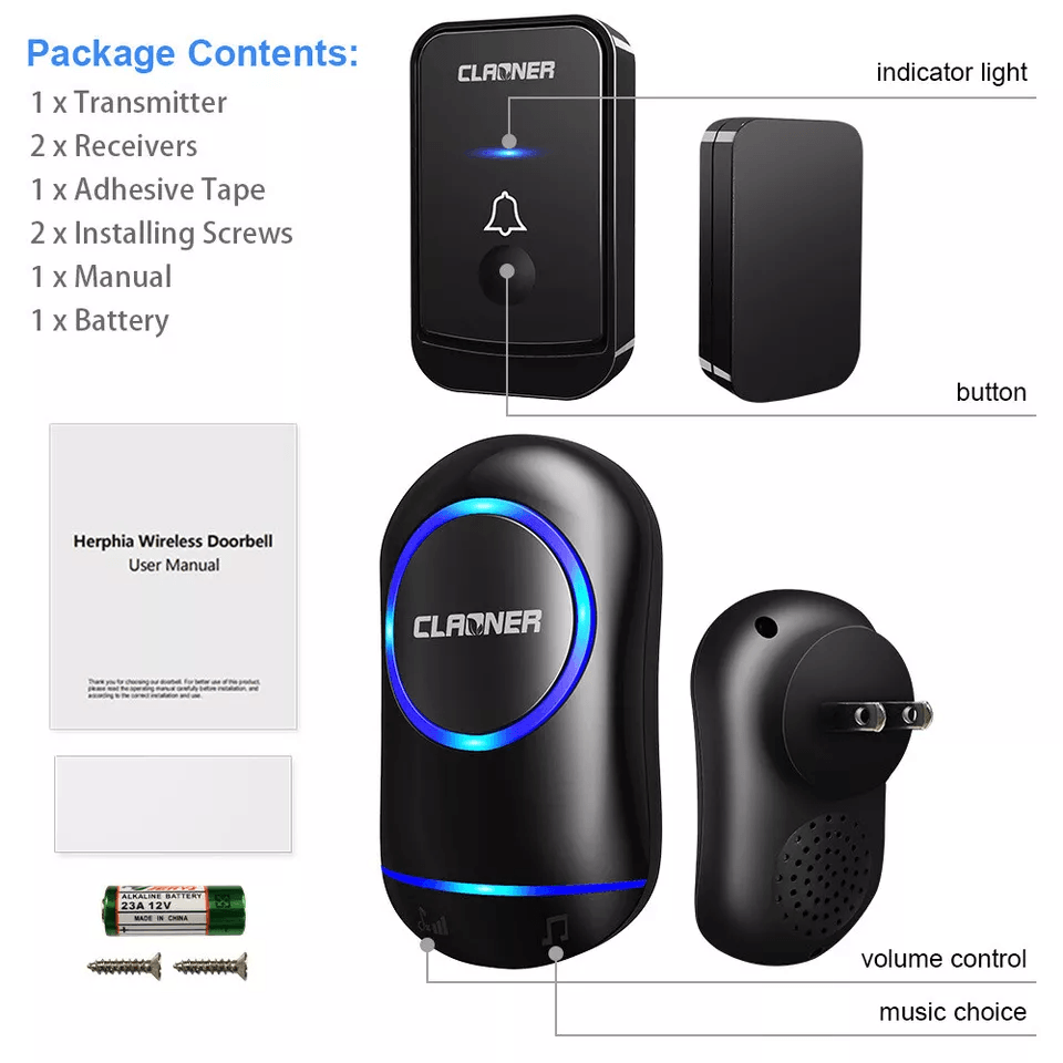 Wireless Doorbell Plug  Play Waterproof Door Bell Kit 45 Chimes LED Flash 4 Volume Levels 1