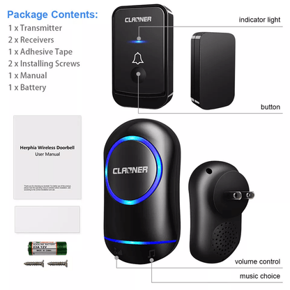 Wireless Doorbell Plug  Play Waterproof Door Bell Kit 45 Chimes LED Flash 4 Volume Levels 1