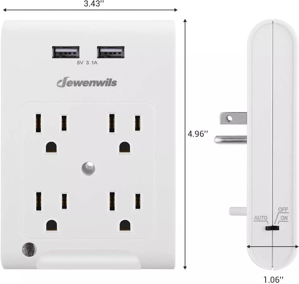 Wall Plug Outlet Adopter With 2 USB Ports  Light Sensor Night Light 6