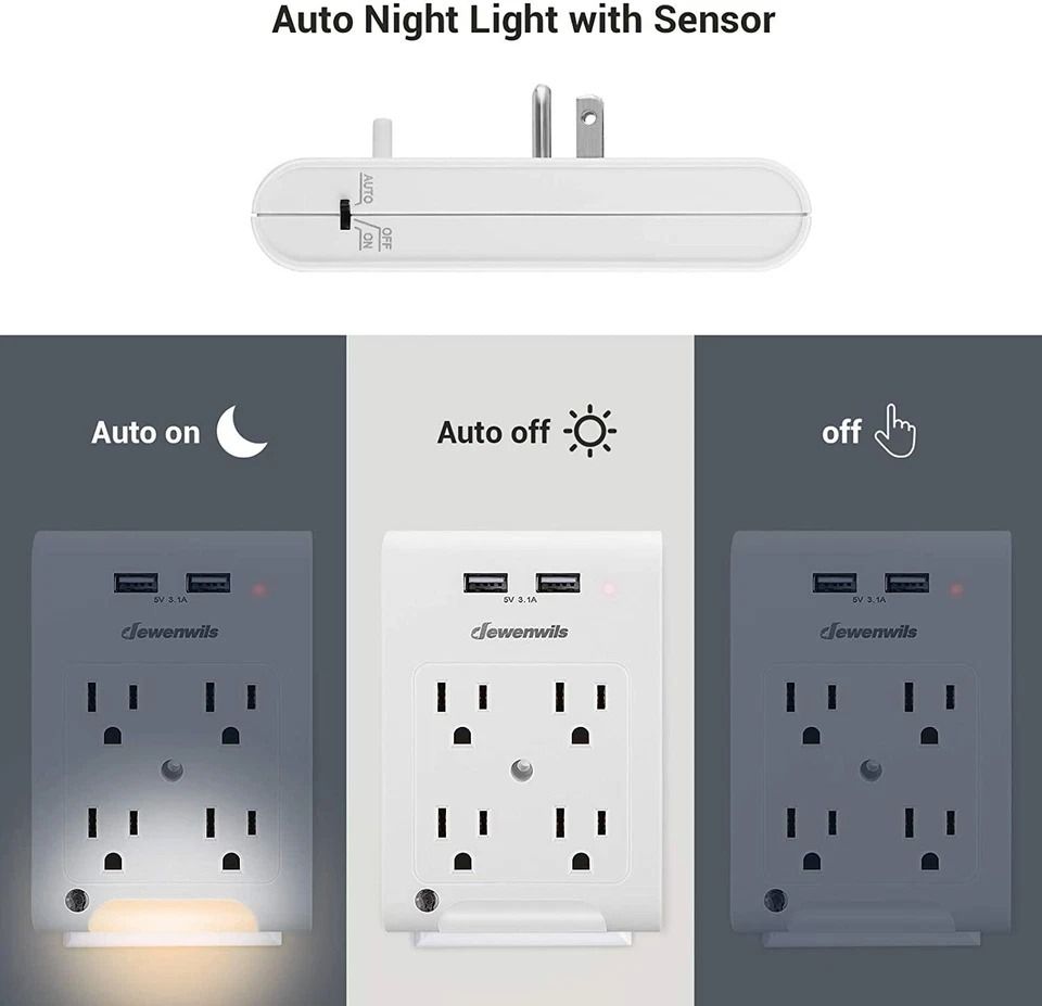 Wall Plug Outlet Adopter With 2 USB Ports  Light Sensor Night Light 5