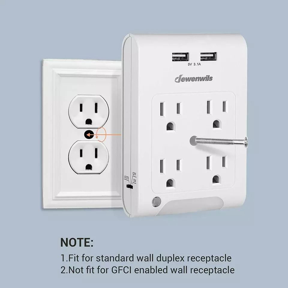 Wall Plug Outlet Adopter With 2 USB Ports  Light Sensor Night Light 4